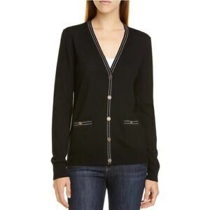 Tory Burch Madeline Cardigan Black Navy Stripe Trim Merino Wool Womens Medium